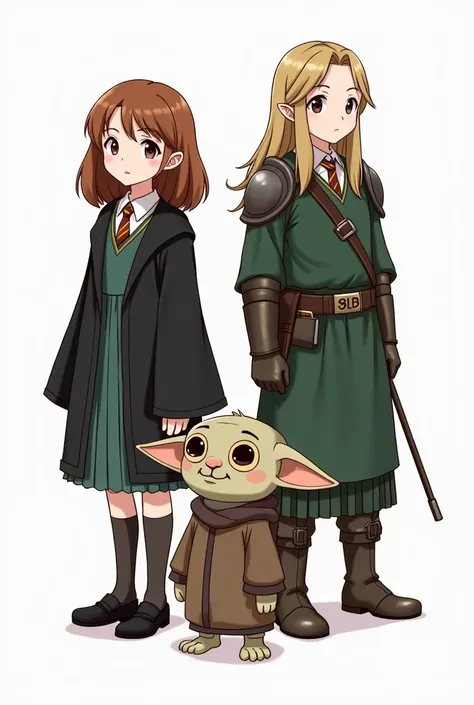 Hermione, Legolas, and Dobby as anime characters. Make Dobby look more traditional and less Anime. Wearing each of their own traditional character outfits. All white background.