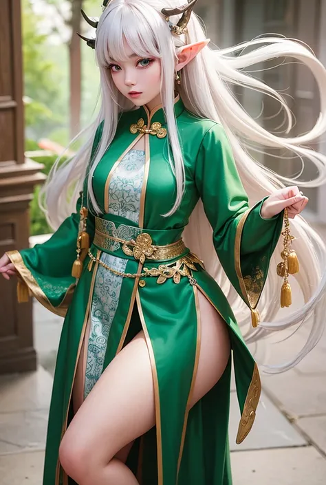 A young adult elf woman clad in a traditional Chinese dress.  She has long platinum hair, green eyes, with a tanned complexion.