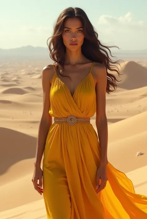  girl wearing yellow greek-style dress, brown red eyes , olive skin and semi-wavy hair found in the desert