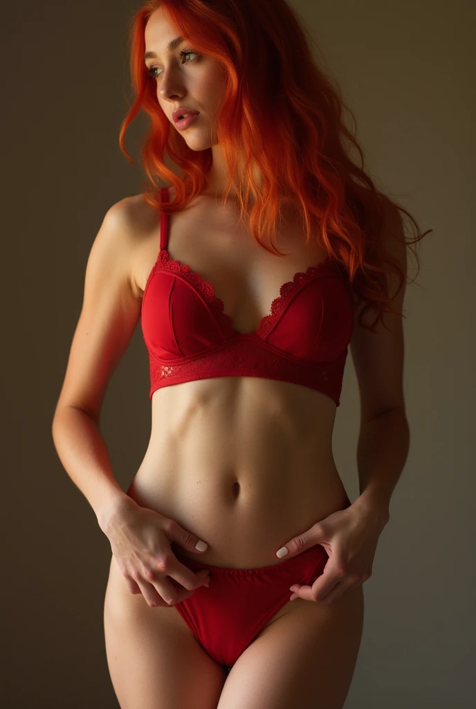 create a redhead with camel toe in red lingerie