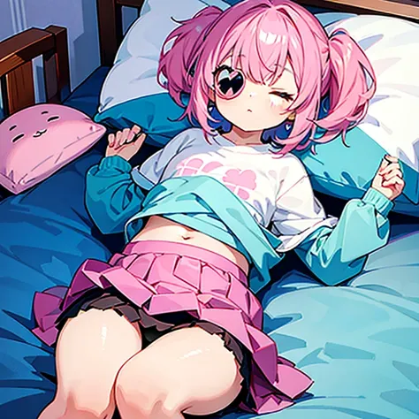 Pink and blue hair girl wearing miniskirt，Dressed cute with one eye closed，Lying on the bed, lift up the skirt with a red face