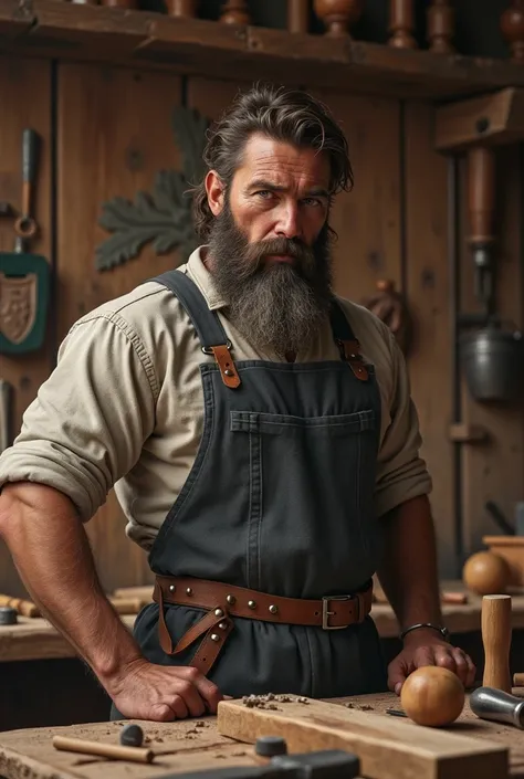 Bearded man in a carpentry workshop 