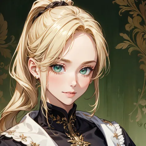 4k, (masterpiece), best quality, high quality, 1 young girl, pretty, beautiful face, lovely smile, sad girl, (((portrait))), no makeup, short eyelashes, long blond hair, long ponytail hair, green eyes, wearing old coat, ((ballroom background))
