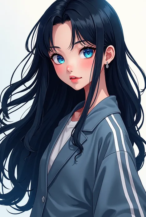 Asian Girl Black Hair Blue Eyes Red Hair Gray Outerwear Full View Stripes Webtoon 