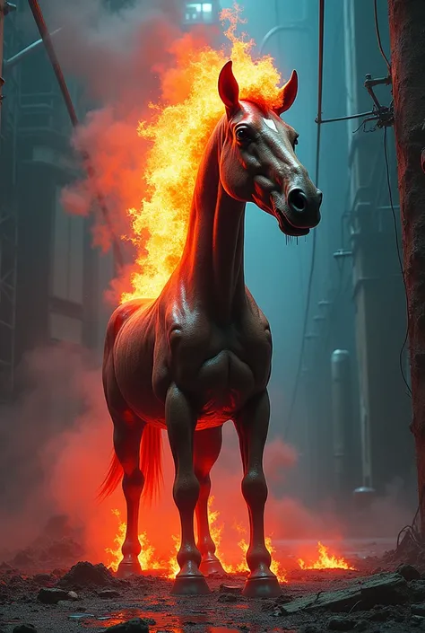  a trashy 80s DVD cover with the body of a horse without a head,both, With fire coming out of the neck 