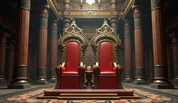 The throne of the Javanese kingdom without humans in realistic style with two interconnecting chairs, Make it feel more Javanese and traditional