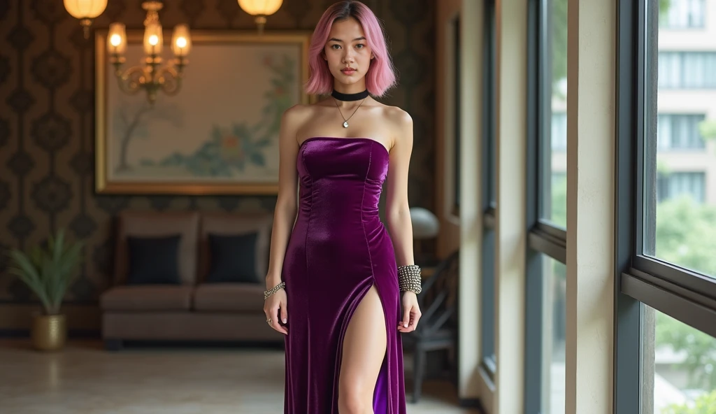 distance shoot, full body photo,Beautiful super Asian model with a curvy body,Her name is Lisa Bae Suzy, Round Eyes, thick eyebrow,double eyelids,Pink hair,Shoulder-Length Bob Medium Hairs ,highly detailed face and skin texture,Almond color Skin,I turned u...