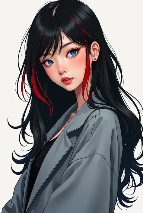 Asian girl with black hair, blue eyes, red ends, gray outerwear, full body, cool webtoon lines 