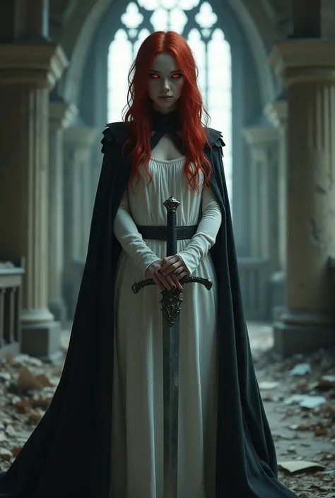 woman, elfo,  red hair,  black eyes, red pupil,  wearing ordinary white clothing and a black cape , gray skin color ,  place her holding a sword in an abandoned church 