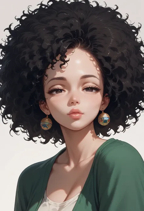 (masterpiece), best quality, expressive eyes, perfect face, 1 cute Woman, black hair, afro hair, messy hair, anime style, half closed eyes, anime style, ebony, lips, Curvy, 