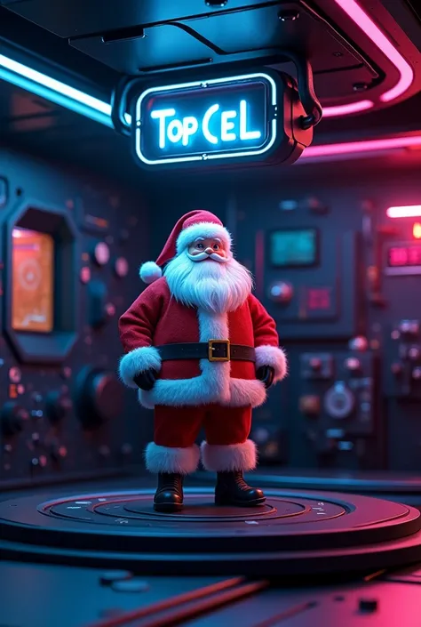 A miniature Santa Claus inside a futuristic technological black room with beautiful and colorful neons and just above a very realistic LED plate with the name TOP CEL