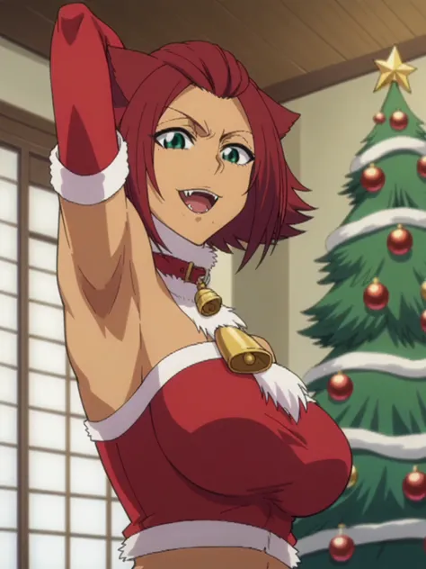 score_9, score_8_up, score_7_up, source_anime, anime screencap, 1girl, solo, BREAK, haineko, short hair, green eyes, red hair, tan skin, mole under mouth, parted bangs, Santa costume, Santa hat, red tube top, red elbow gloves, long gloves, red collar with ...