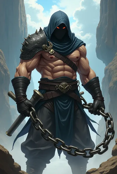 Robust hooded adult warrior with a big, thick chain in his hands anime version 