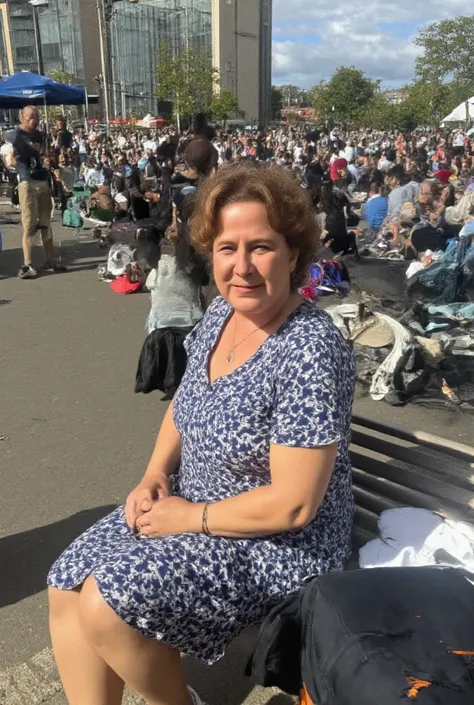  a woman with loose brown hair with light wrinkles and brown skin, thin, Wearing a piriguete outfit , with the physiognomy of a Brazilian woman ,  is seated on a bench in the square with a bag next to ,  people in the background,  park with a square with a...