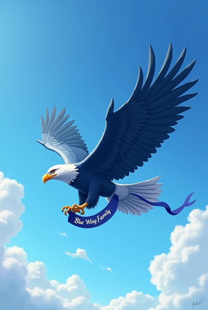  a large giant eagle with flattened feathers and medium blue wings clutching a ribbon that reads. BLUE WING FAMILY .  is flying in the air against the background of a blue sky 