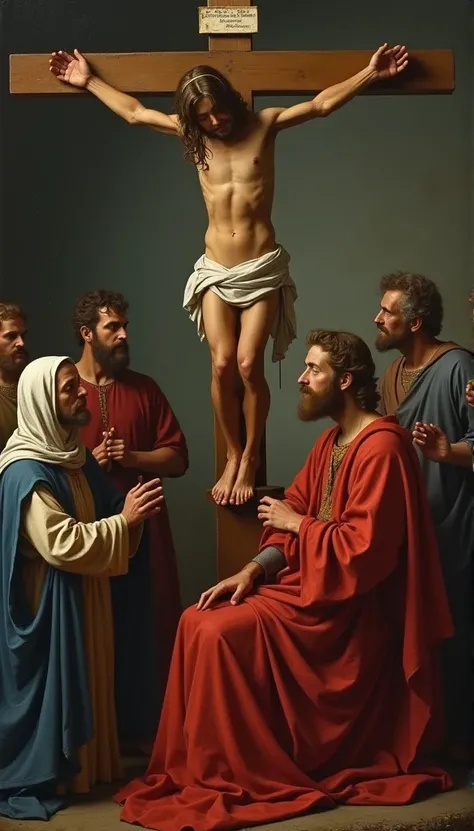  Create an image of St. John the Apostle in art style,  young .  No beard .  stood at the foot of the crucifix of the crucifix,  with Mary , St. Joseph,  and some disciples , sorrowful pledge , hoang vắng