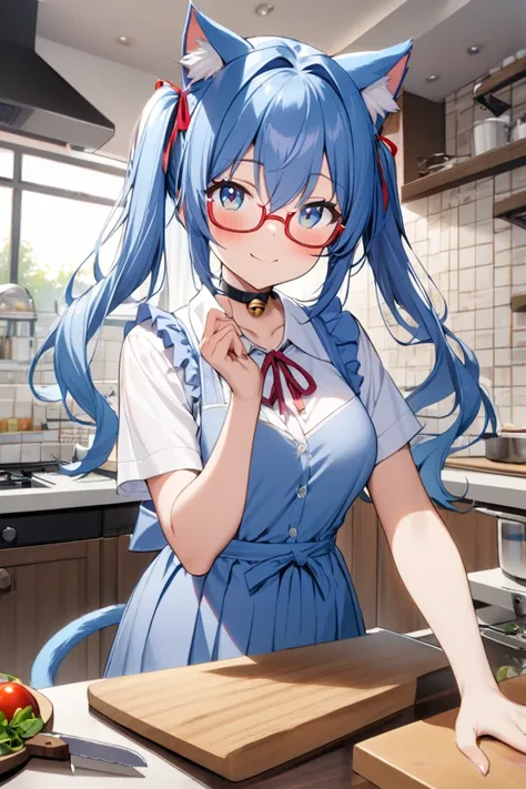 1girl, solo, long hair, breasts, looking at viewer, blush, smile, blue eyes, animal ears, hair between eyes, closed mouth, twintails, blue hair, collarbone, white shirt, short sleeves, pleated skirt, frills, collared shirt, glasses, indoors, cat ears, anim...