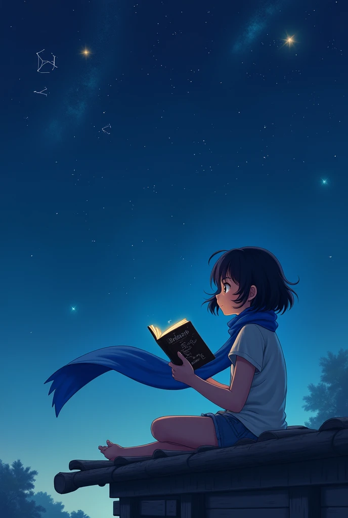 "A young girl with short, wavy black hair sits on a simple wooden roof under a starry night sky. She wears a blue scarf flowing in the wind, gazing at a book about space exploration. Above her, constellations and faint galaxies shimmer brightly in the vast...