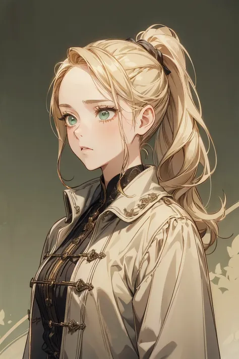 4k, (masterpiece), best quality, high quality, 1 young girl, sad girl, (((whole body shot))), no makeup, short eyelashes, long blond hair, long ponytail hair, green eyes, wearing old coat, ((ballroom background))
