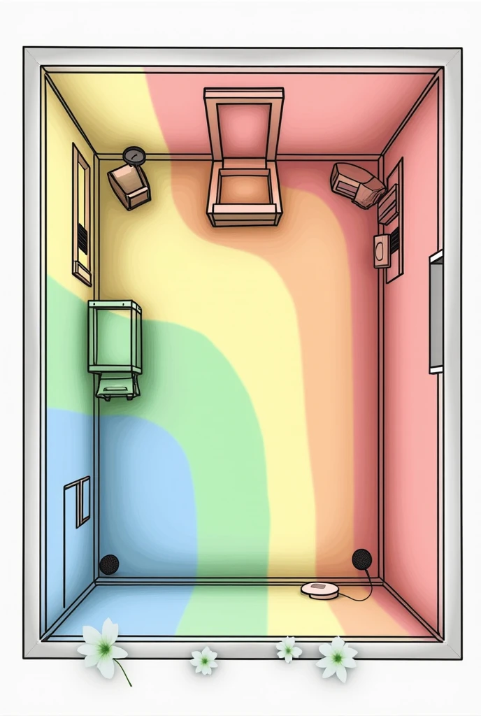 Make a risk map of a depilation room with different colors, demarcating each part according to the risk, without any description in the image and well-defined, contrasting demarcations.