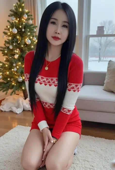 A Korean woman with smooth, radiant skin poses like a professional model taking photos in a bright and quiet atmosphere. She wears a red and white Christmas sweater , reflecting a relaxed atmosphere. The soft moonlight gently shines down on her, casting a ...