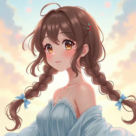 Beautiful teenage anime girl with two braids and two locks on her face brown hair brown eyes with wide buso color light blue