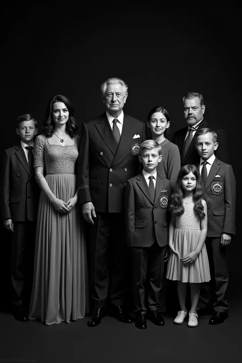 Take a black and white photo of the British royal family with The King, his wife, his daughter, his granddaughter and his granddaughter and all his first cousins.