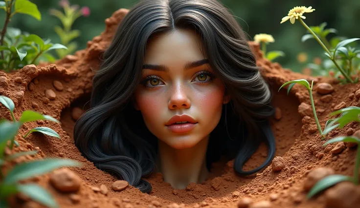 A piece of the head of a beautiful latina woman with very long hair was buried standing in a garden and only her head was visible, all around it was clay 