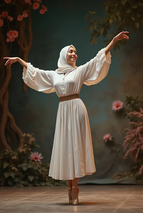 Imagine a realistic image with a 50 mm lens in photographic style of a middle-aged Muslim dancer, brown skin, with a slight smile, wearing a white hijab, she plays the ballet La fille mal gardée as the protagonist, and wearing ballet flats poses on tiptoe ...