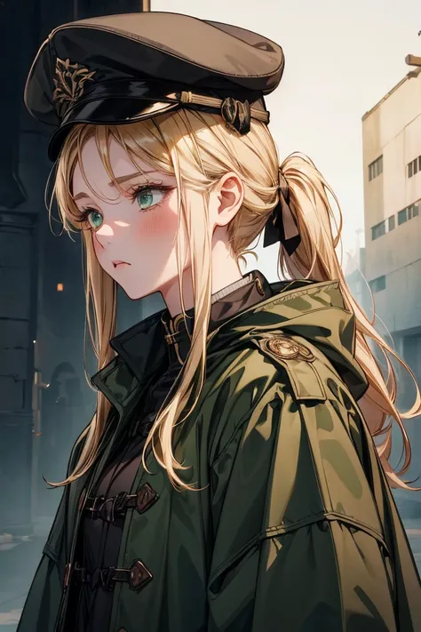 4k, (masterpiece), best quality, high quality, 1 young girl, sad face, (((whole body shot))), no makeup, short eyelashes, long blond hair, long ponytail hair, green eyes, wearing old coat and hunting cap, dark backgrounds, 
