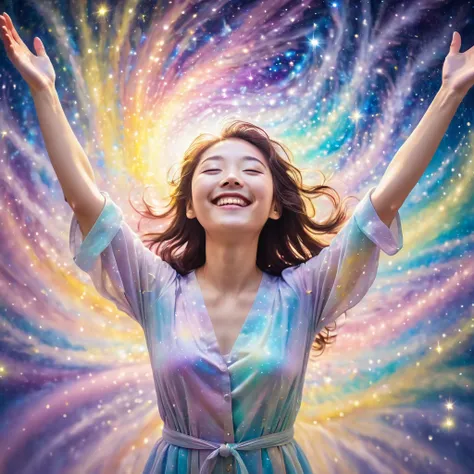 A woman spreads her arms and feels bliss in a galaxy of pastel colors. She is a smiling Japanese woman in her 20s with brown hair, eyes closed and smiling. Full of hearts. happiness. joy. Happy shining star. Shooting stars, particles of light, impressionis...