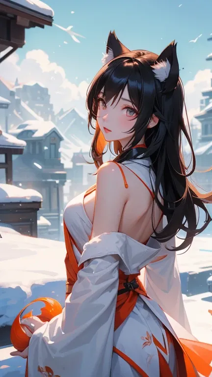 Ahri, Ahri_(alliance_of_legend), 1 Girl,  animal_ear, black_hair, detached_sleeve, distributed, 面部of_mark, fox_ear, fox_Tail, hand_up,  High Resolution, alliance_of_legend, 长of_hair, Hands behind the snowsuit ,  magic , Multiple_Tails, 白色of_Tails, orange_ ...