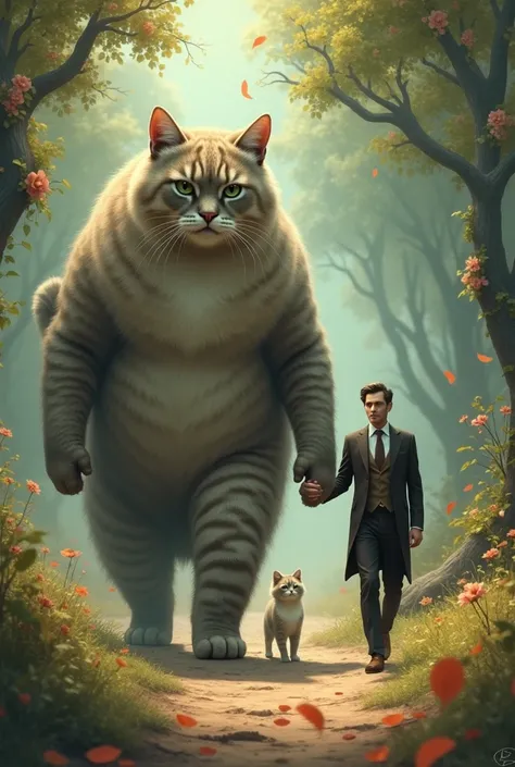 A man walks with a giant cat walking together hand in hand 