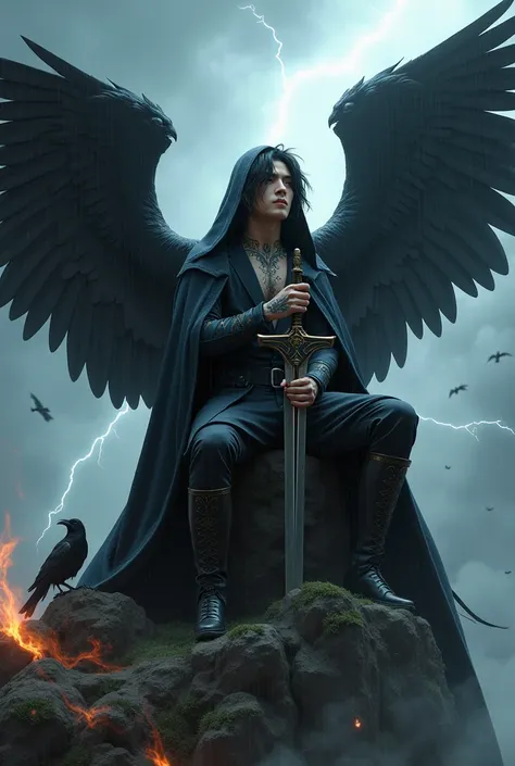 Asian male angel, 34 years old,  medium black disheveled hair , HUGE BLACK WINGS, tattooed hands and neck ,  wearing a gothic hooded suit and cape, holding a flaming sword sitting on top of a mountain looking up with a crow around it and rain lightning and...