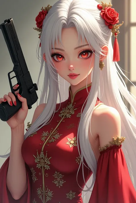 Anime White Hair Long Hair Long Hair Vintage Chinese Dress Smiling Corner Mouth Curved Big Breasts Holding Handgun