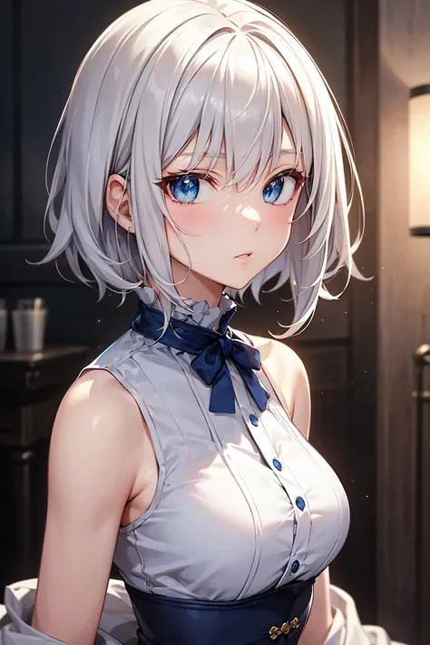 Beautiful mature anime woman, short white hair, blue eyes, detailed face, pretty eyes, 1girl