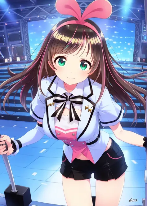 (Best quality, 8k, 32k, Masterpiece, UHD:1.2), kizuna ai, large breasts,long hair, brown hair, multicolored hair, floating hair, pink hairband, pink highlights, streaked hair, smiling, hello world outfit, Kizuna Ai Hello World, white shirt, black short pan...