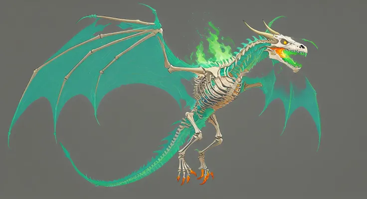 frederic delavier style full length portrait skeletal dragon with green flame burning in its rib cage , showcase accurate dragon with flames inside, minimal in flight pose, masterpiece, final draft master craft 