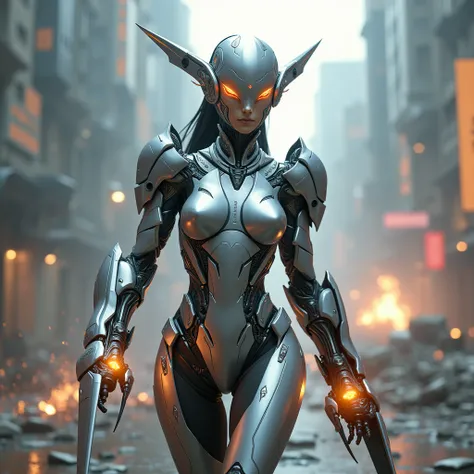 "Create an ultra-realistic depiction of a sleek, silver robotic warrior inspired by a high-speed, agile combat design. The character features streamlined armor with sharp edges, intricate mechanical details, and dual arm-mounted blades. Their face exudes a...