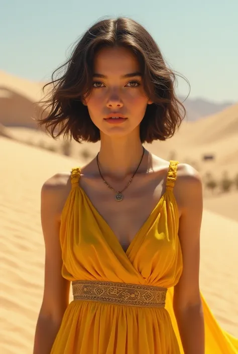 Girl dressed in yellow dress chick ancient Greek style, brown red eyes , olive skin and semi-wavy hair found in the desert with a teenage face