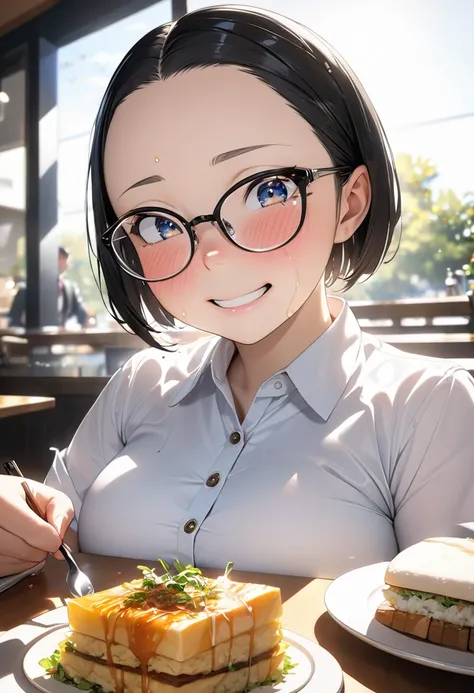 RAWphoto,photorealistic,8k16k,best quality,perfect anatomy,perfect detailed,ultra highres, extremely detailed eyes and face,gleaming skin,shiny skin,1girl,Japanese,black short hair,pixie cut, (wearing glasses:1.3),(parted bangs,forehead:1.2),round face,med...