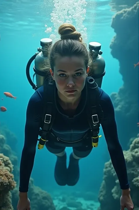 Woman learning to dive into oxygen cylinders