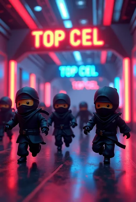 Cute miniature ninjas in a futuristic technological black room with beautiful and colorful neons and just above a very realistic LED plate with the name TOP CEL