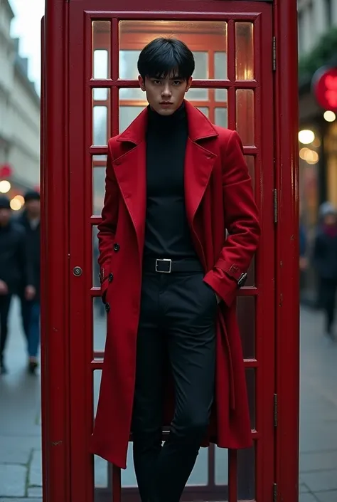 Medium build male with short black hair wearing black shirt with red trench coat and black pants standing in a red  phone booth in London 