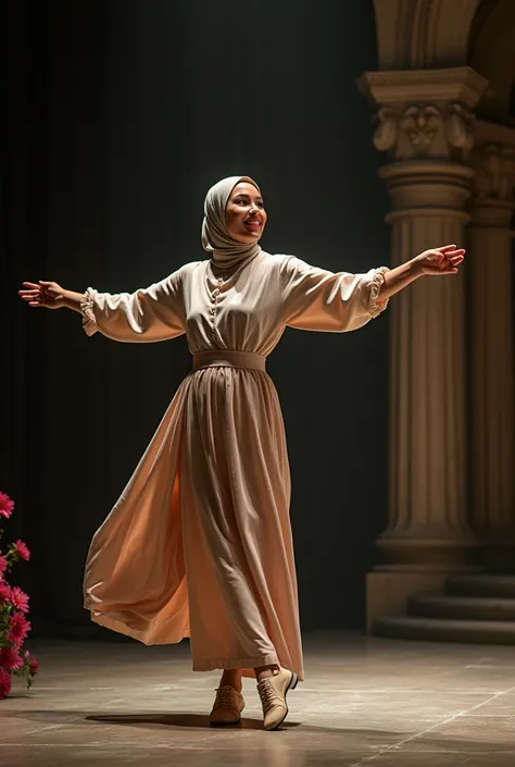  Imagine a realistic image with a 50 mm lens in photographic style of a middle-aged Muslim dancer, pele morena, with a slight smile,  wearing hijab according to the statuette used ,  plays the ballet La Fille Mal Gardée as the protagonist , And wearing sne...