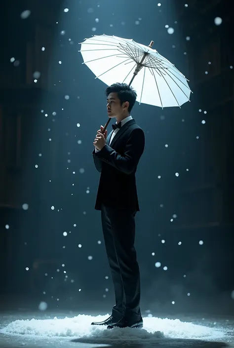 A handsome and cute Chines man 22 year old in a formal suit holding a white paper umbrella, standing in a dark setting with falling snow-like particles illuminated by soft light. The atmosphere is serene, mysterious, and elegant, evoking a fantasy world. T...