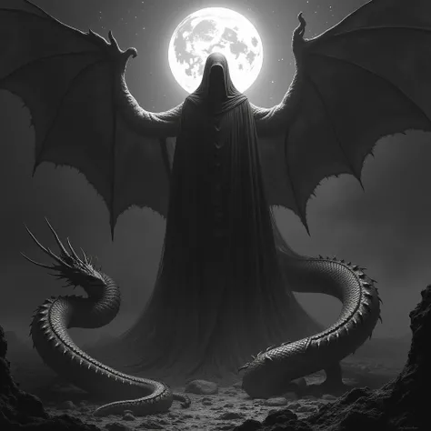 A surreal black-and-white image, god of the darkness above the sky.  Around is a dragon.