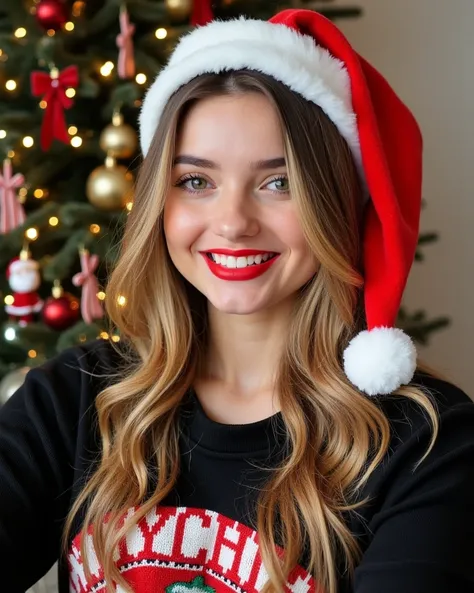   Close-up portrait of a beautiful 20-year-old woman,   wears a Santa Claus hat  , wearing a sweater with Christmas motifs ,   in the background there is a Christmas tree  ,   vibrant smile  , neckline,  red lipstick, She has Christmas makeup  ,  cinematic...