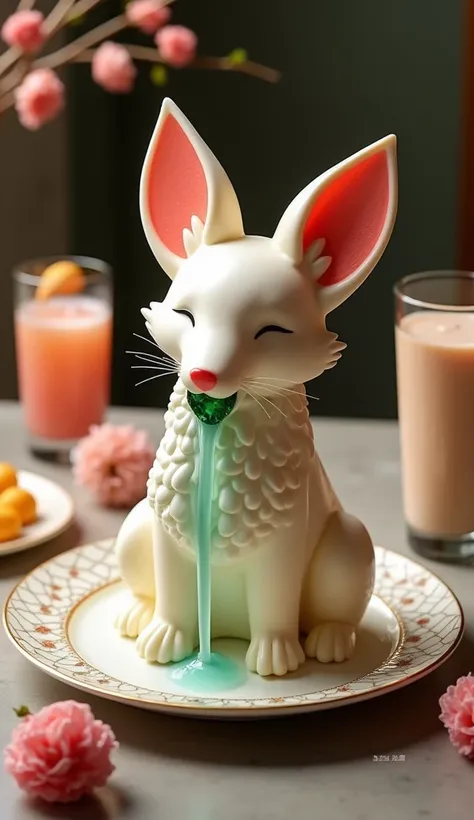  Is it possible to create a delicious ice cream effect with a waterfall of flowing  ， cigarette smoke and the delicious ice cream effect in the shape of an ear fox，A waterfall with an emerald in its mouth ， on an upscale dinner plate  ，Exquisite，Advanced， ...