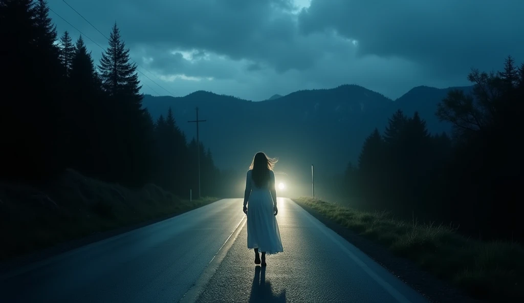 woman dressed in white walking at night in the distance very bright shining a lot of light like a car on a rural road with mountains and many trees the woman is looking at the camera it is a horror it comes from far away you can only see the silhouette